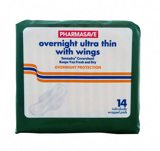 Picture of PHARMASAVE ULTRA THIN PAD - OVERNIGHT W/WINGS 14S                          