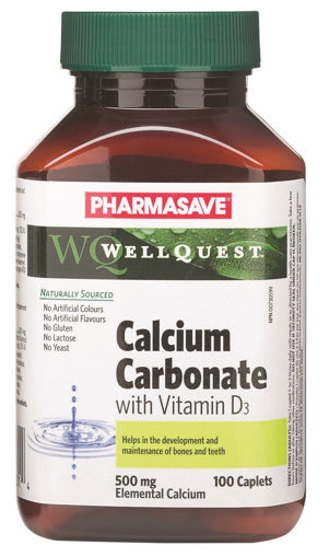 Picture of PHARMASAVE WELLQUEST CALCIUM W/D NATURAL SOURCE CAPLET 500MG 100S          
