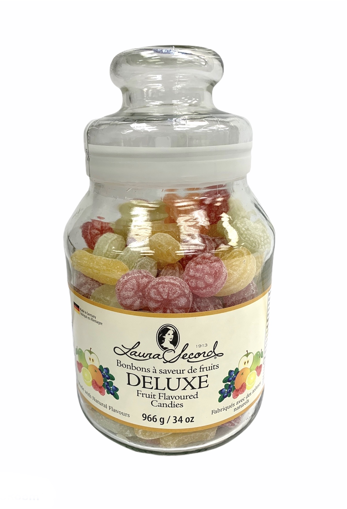 Picture of LAURA SECORD DELUXE FRUIT CANDIES -  IN DECORATIVE GLASS JAR - ASSTD 966GR