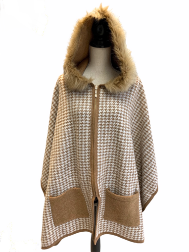 Picture of FASHION CAPE WITH FUR TRIMMED HOOD - HERRINGBONE CAMEL CP11761 