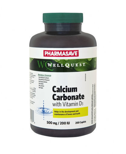 Picture of PHARMASAVE WELLQUEST CALCIUM CARBONATE 500MG WITH VITAMIN D3 CAPLETS 200S  