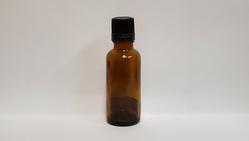 Picture of AMBER GLASS BOTTLE - WITH BLACK TAMPER EVIDENT VERTICAL DROPPER CAP 30ML       