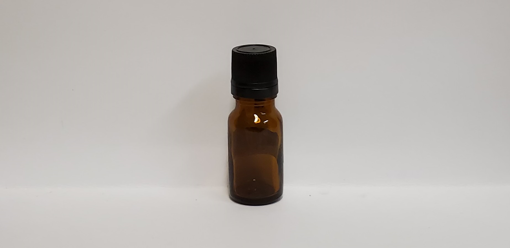 Picture of AMBER GLASS BOTTLE - WITH BLACK TAMPER EVIDENT VERTICAL DROPPER CAP 10ML     