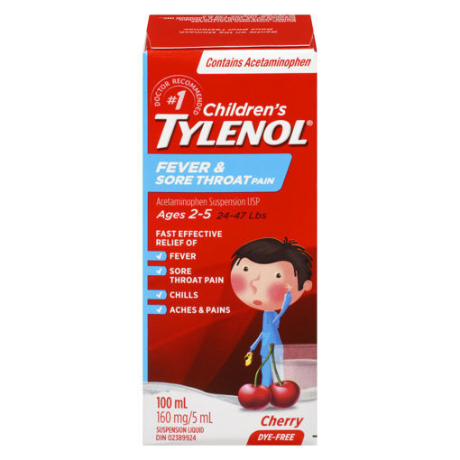 Picture of TYLENOL CHILDRENS FEVER/COLD CHERRY DYE FREE SYRUP 100ML                   