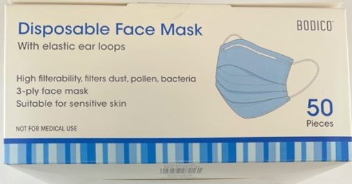 Picture of BODICO DISPOSABLE FACE MASK  - WITH ELASTIC EAR LOOPS 3-PLY 50S