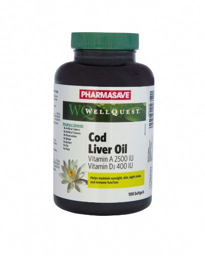 Picture of PHARMASAVE WELLQUEST COD LIVER OIL VITAMIN A CAPSULE 2500IU 100S