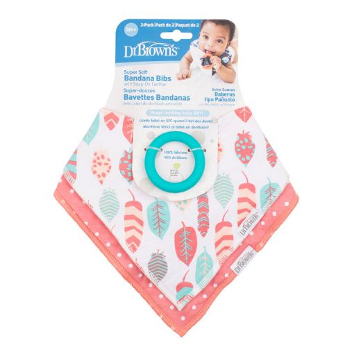 Picture of DR. BROWN'S TEETHING BIB and RING - FEATHERS and DOTS 2PK