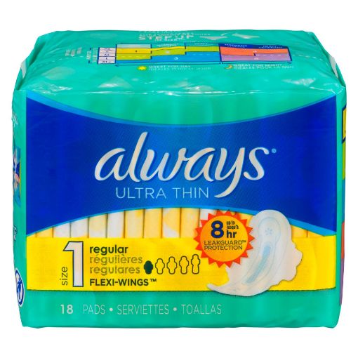 Picture of ALWAYS ULTRA THIN PADS SIZE 1 REGULAR ABSORBENCY UNSCENTED W/WINGS 18S     