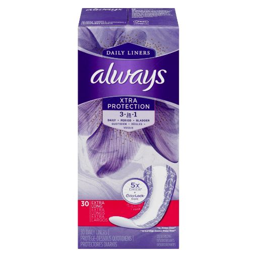 Picture of ALWAYS XTRA PROTECTION 3-IN-1 DAILY LINERS - EXTRA LONG - UNSCENTED 30S    