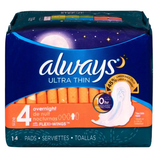Picture of ALWAYS ULTRA THIN PADS SIZE 4 OVERNIGHT ABSORBENCY UNSCENTED W/WINGS 14S   