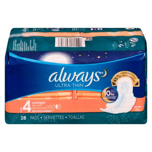 Picture of ALWAYS ULTRA THIN SIZE 4 OVERNIGHT PADS W/WINGS UNSCENTED 28S              