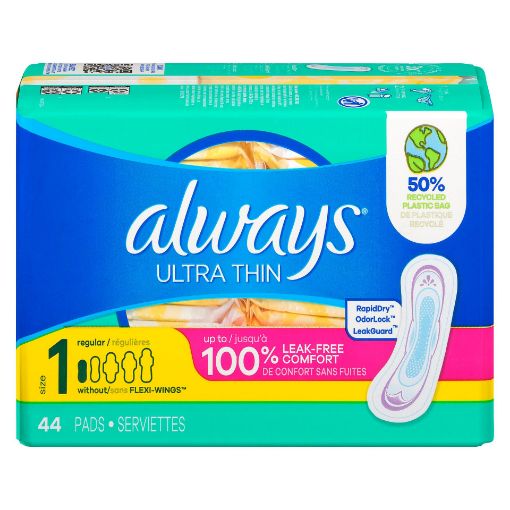 Picture of ALWAYS ULTRA THIN PADS SIZE 1 REGULAR ABSORBENCY UNSCENTED W/WINGS 44S     
