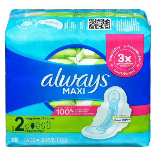 Picture of ALWAYS MAXI PAD - SIZE 2 SUPER LONG - UNSCENTED 1.2X 18S