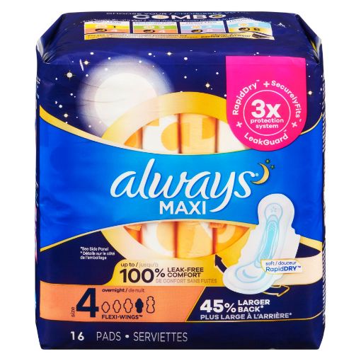 Picture of ALWAYS MAXI PAD - SZ 4 OVERNIGHT W/FLEXI WINGS - UNSCENTED 1.2X 16S