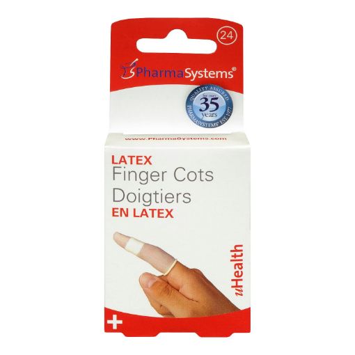 Picture of PHARMASYSTEMS LATEX FINGER COTS ASSORTED SIZES 24S                           
