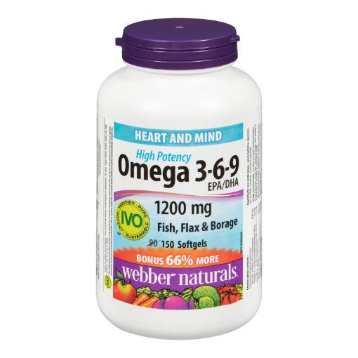Picture of WEBBER NATURALS OMEGA 3-6-9 FLAXSEED,FISH,BORAGE OIL 1200MG 90+60S