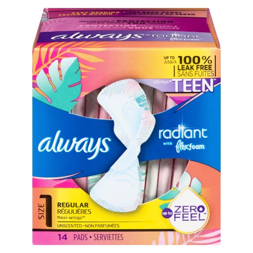 Picture of ALWAYS RADIANT TEEN PADS - REGULAR ABSORBENCY - UNSCENTED 14S