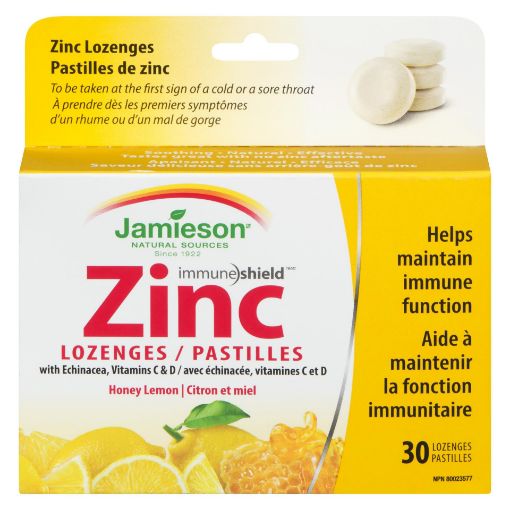 Picture of JAMIESON ZINC LOZENGES W/ ECHINACEA + VITAMIN C and D - HONEY LEMON 30S