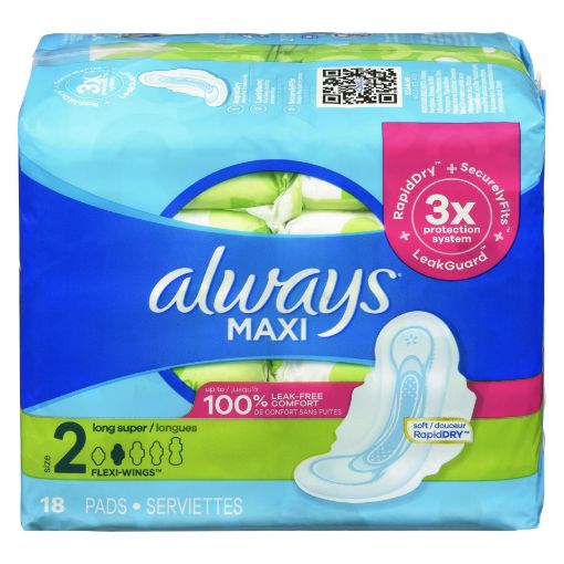 Picture of ALWAYS MAXI PAD - SIZE 2 SUPER LONG - UNSCENTED 1.2X 18S