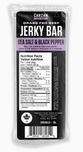 Picture of CARZAN GRASS FED BEEF JERKY BAR - SEA SALT + BLACK PEPPER 20GR