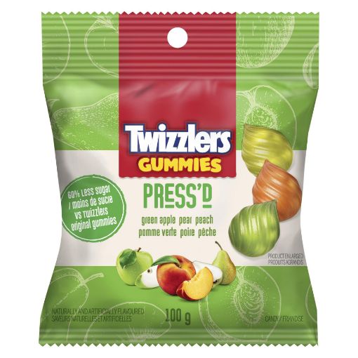 Picture of TWIZZLERS PRESSD GUMMIES - ASSORTED GREEN APPLE, PEAR, PEACH 100GR