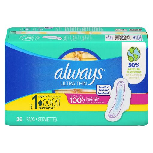 Picture of ALWAYS ULTRA THIN PADS SIZE 1 REGULAR ABSORBENCY UNSCENTED W/WINGS 36S     